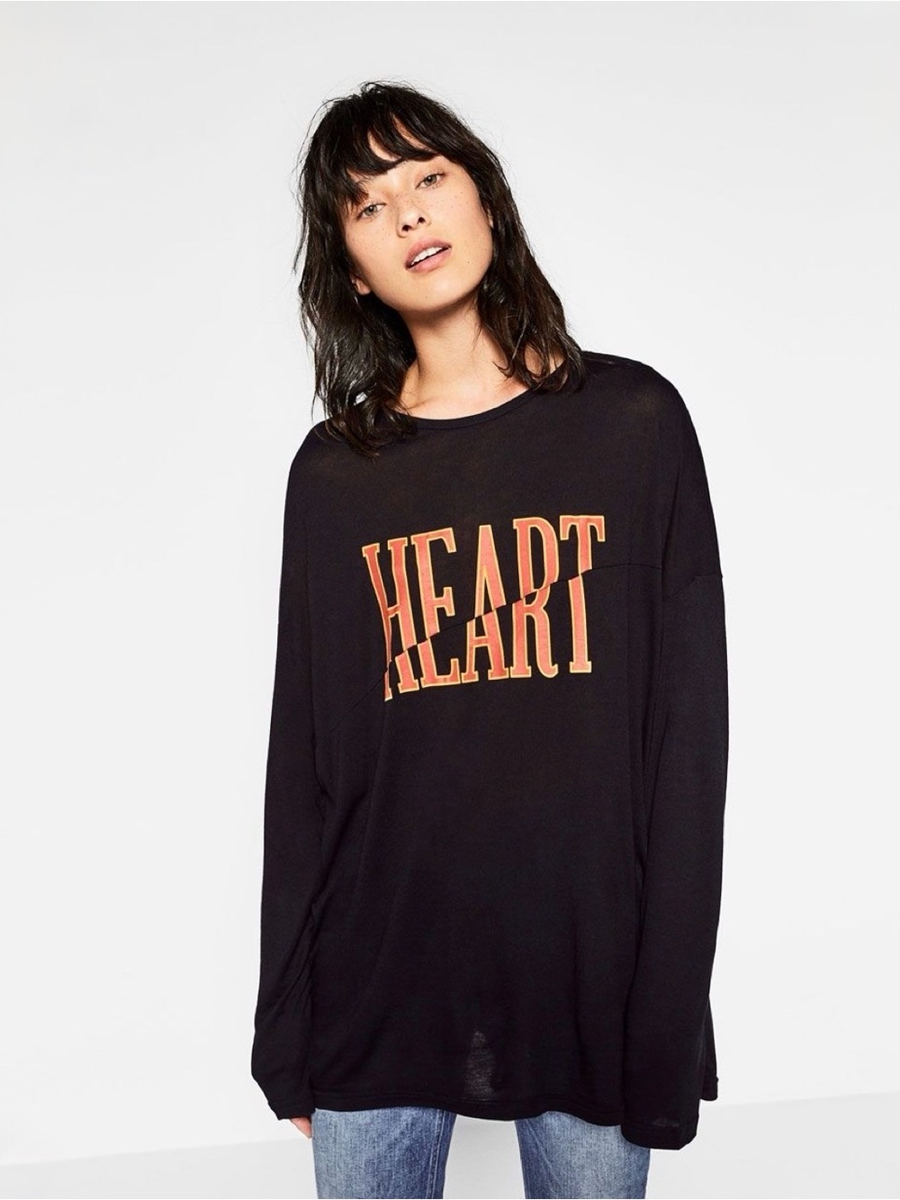 Zara Black 'HEART' Graphic Long-Sleeve Women's Top